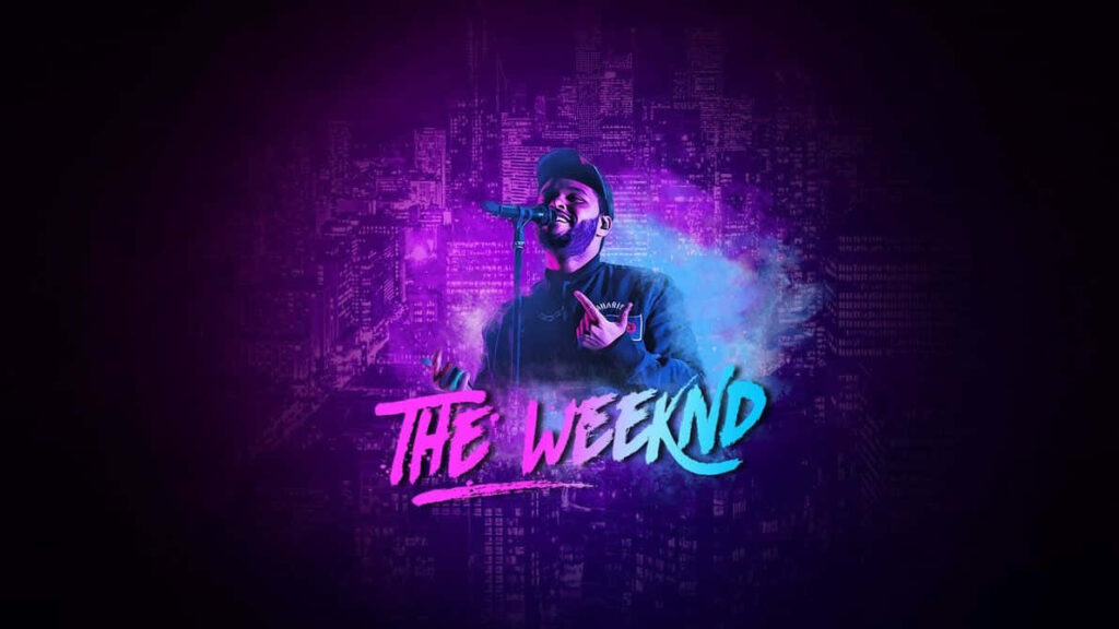 Vibrant The Weeknd Stage Performance Wallpaper with Cityscape