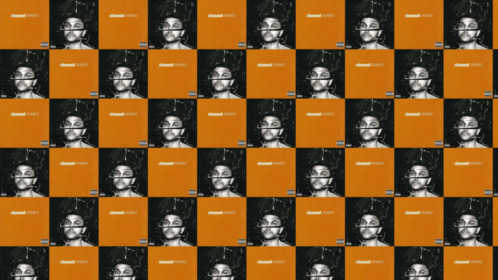 Vibrant Tile Collage Wallpaper of The Weeknd: Black & Orange Aesthetic