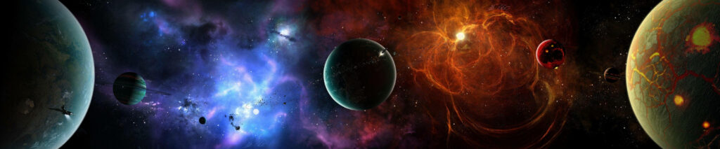 Vibrant Cosmic Wallpaper: Three-Screen Galaxy Planets & Nebulae