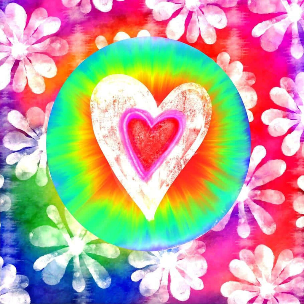 Vibrant Tie-Dye Heart Wallpaper with Colorful Flowers Background