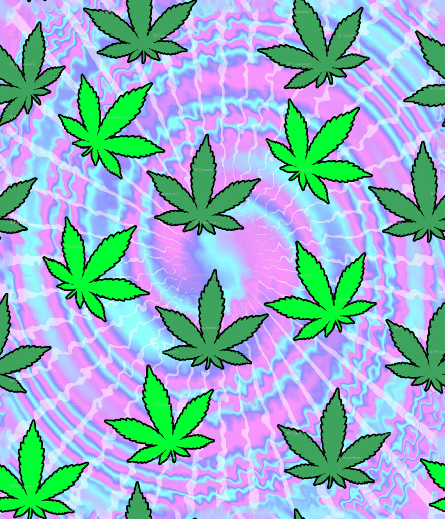 Vibrant Green Weed Leaves on Psychedelic Tie-Dye Wallpaper Background