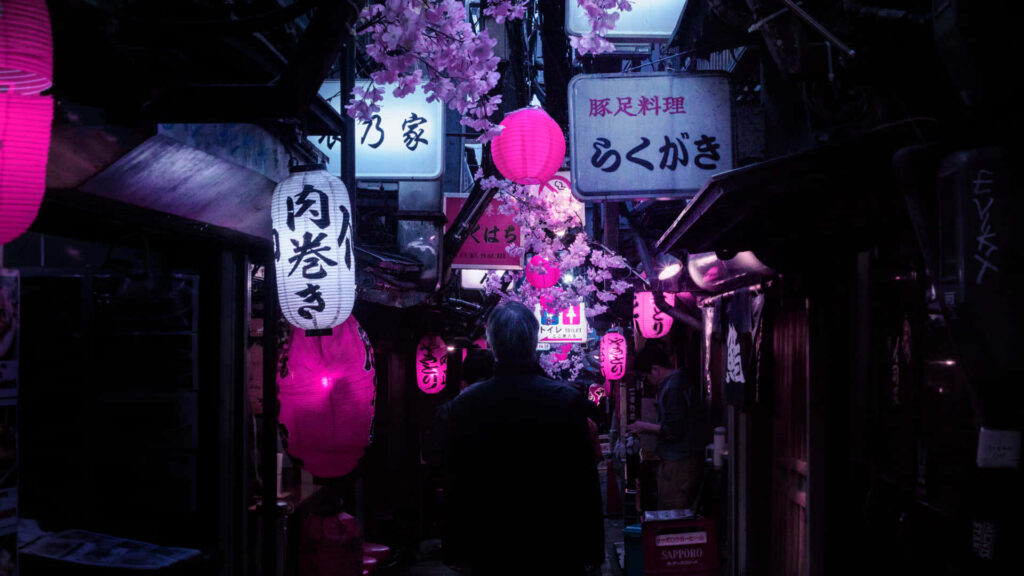 Vibrant Tokyo Night: Lantern-Lit Street Wallpaper Background