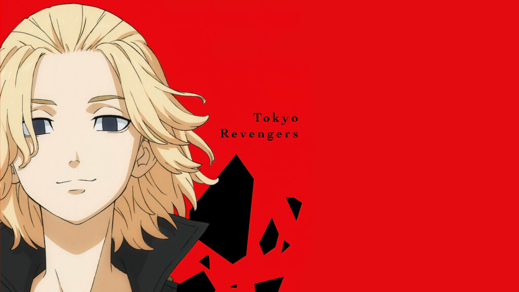 Explosive Energy: Tokyo Revengers' Mikey Takes Center Stage on Vibrant Red, Complemented by Abstract Black Particles and Anime Title Wallpaper