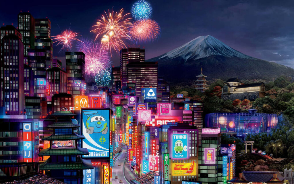 Neon Tokyo Street with Mount Fuji & Fireworks - Stunning Wallpaper