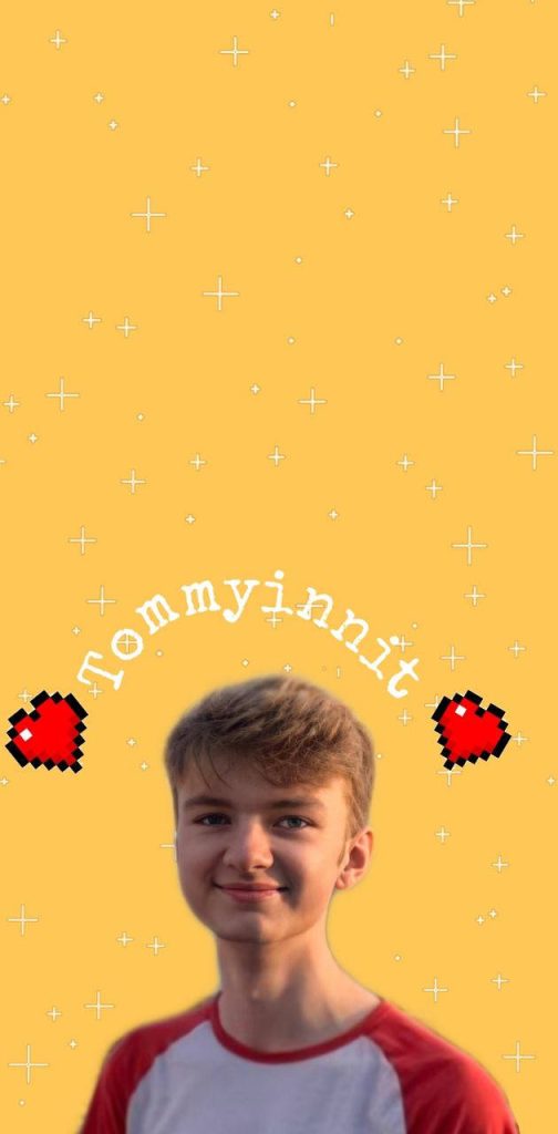 TommyInnit wallpaper with vibrant portrait red white shirt yellow background pixel hearts text
