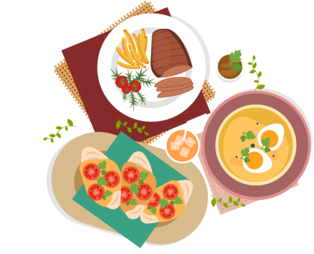 Vibrant Top-View Meal Illustration: Soup, Fries, & Appetizers Wallpaper