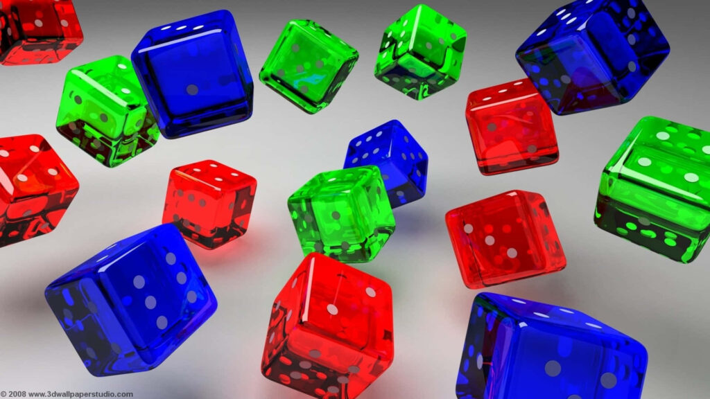 Translucent red green and blue dice floating on gradient background vibrant digital art wallpaper