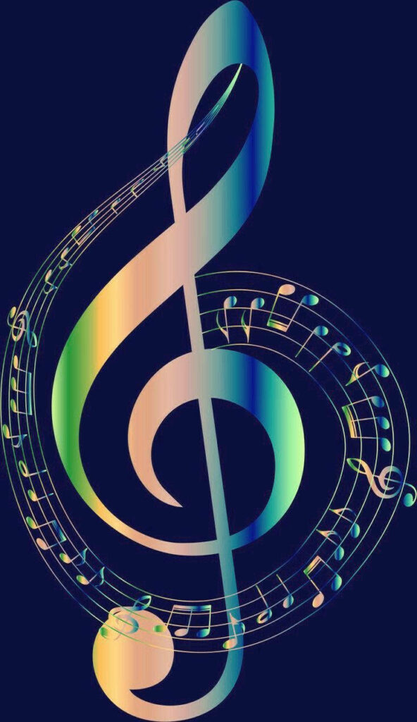 Vibrant Treble Clef Wallpaper: Colorful Musical Notes on Dark Background