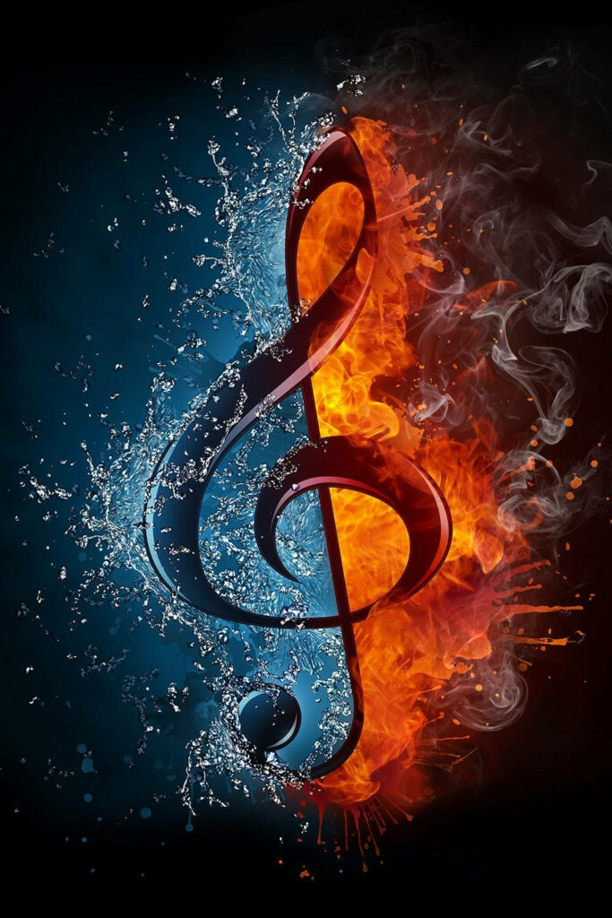 Vibrant Treble Clef Wallpaper: Blue Water & Fiery Orange Flames