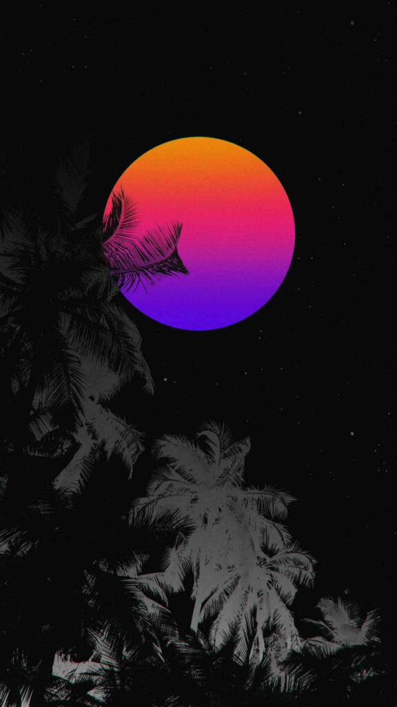 Vibrant Tri-Colored Neon Moon Wallpaper with Palm Silhouettes