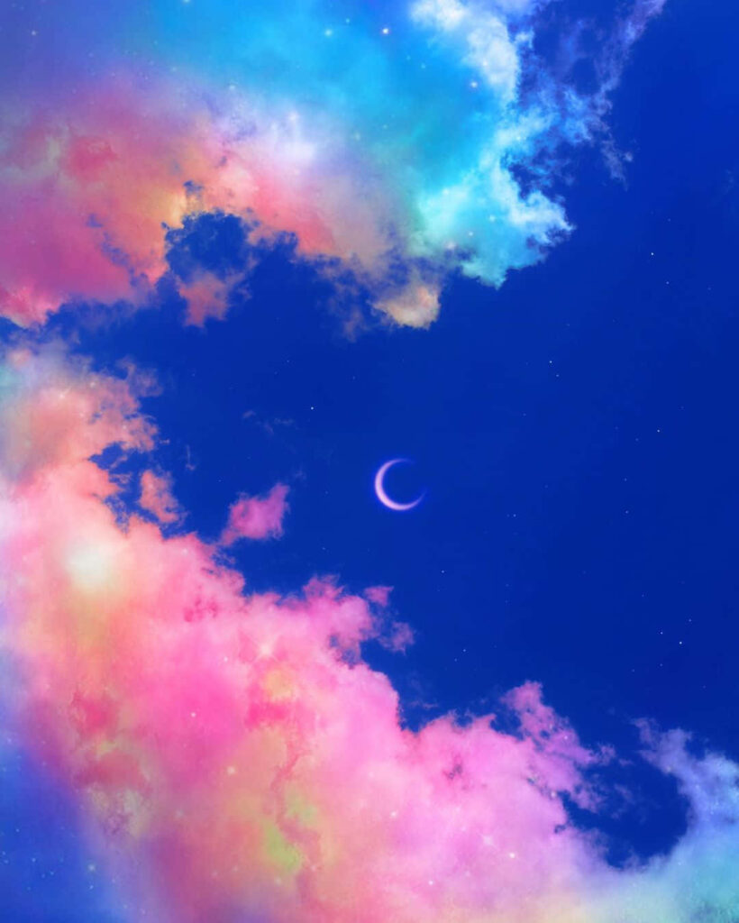 Vibrant Trippy Moon Wallpaper: Colorful Clouds on Deep Blue Sky