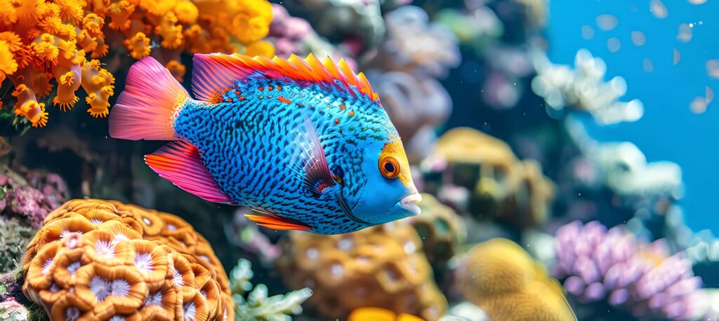 Bright blue and red tropical Chromis fish swimming among vibrant orange and purple coral reef Wallpaper