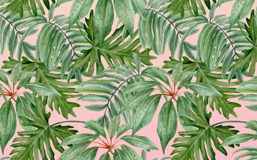 Vibrant Tropical : A Burst of Color - Leaves on Pink Minimal Background Wallpaper