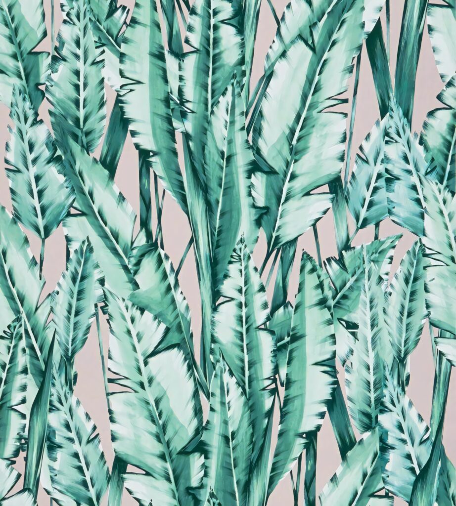 Vibrant Tropical Leaves Wallpaper on Soft Pink Background