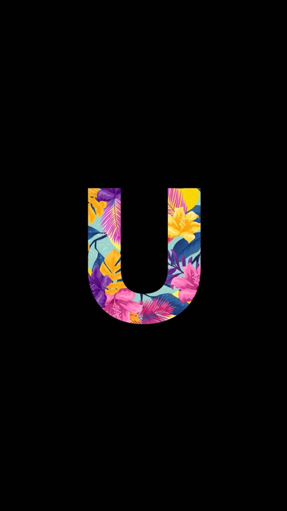 Letter U wallpaper with vibrant tropical flowers and lush foliage on black background design