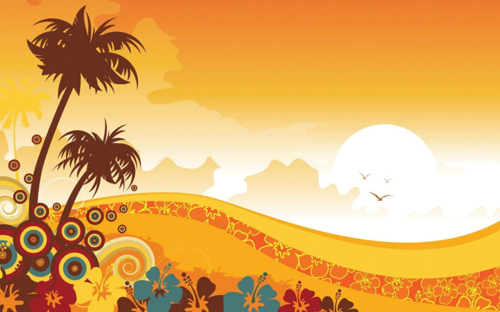 Tropical Vector Wallpaper: Cheerful Sunset & Stylized Palm Trees