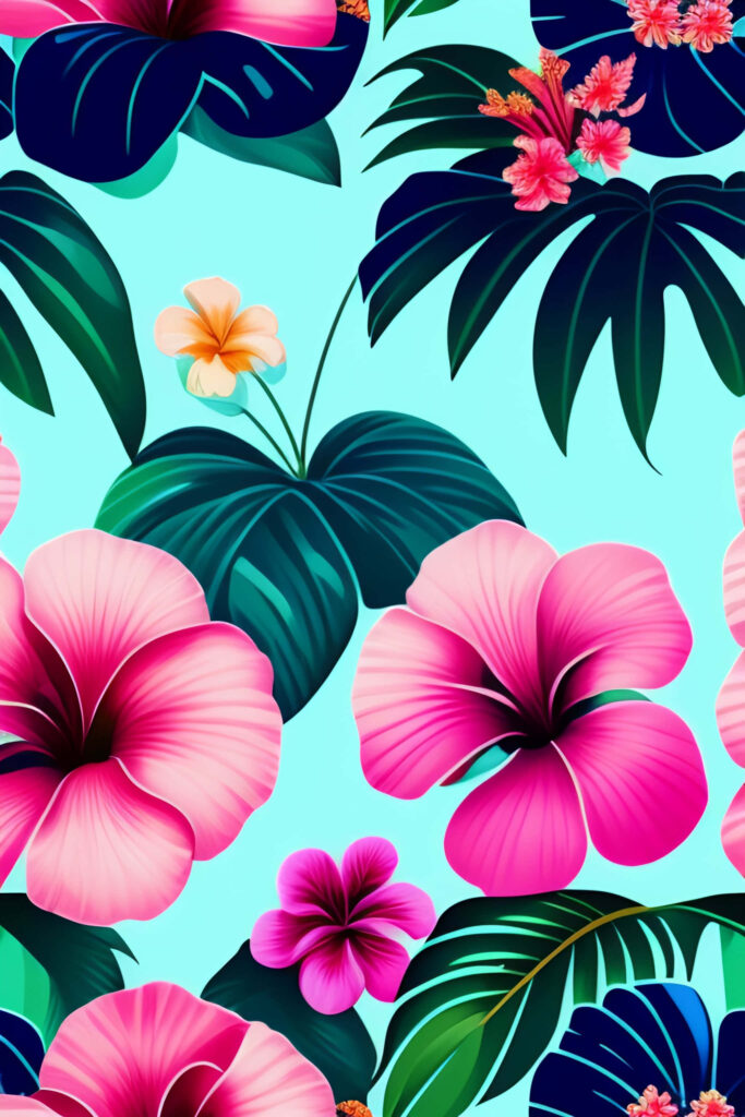 Tropical Hibiscus Wallpaper: Bold Pink Flowers on Turquoise Background