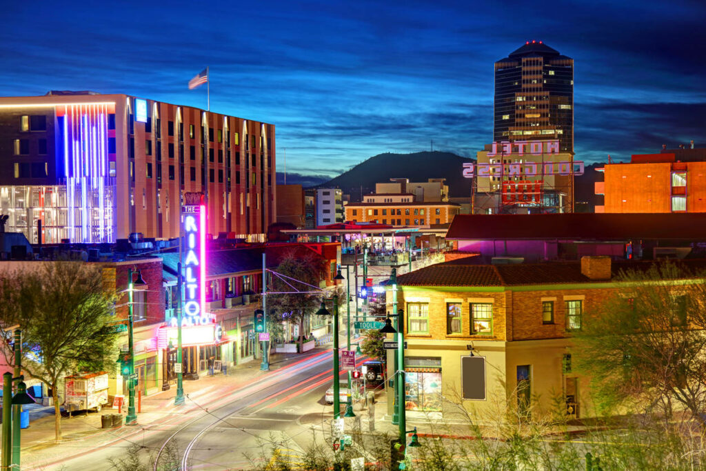 Vibrant Tucson Rialto Building: Neon Lights & Historic Cityscape Wallpaper