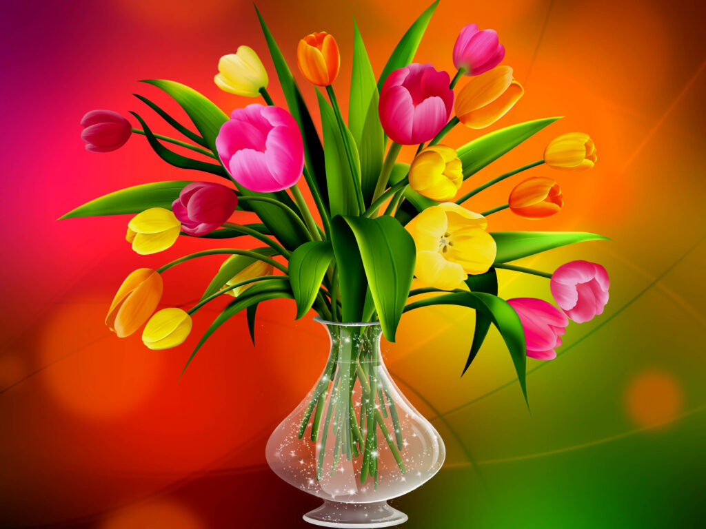 Colorful Tulips in Vase – Vibrant Wallpaper with Gradient Background