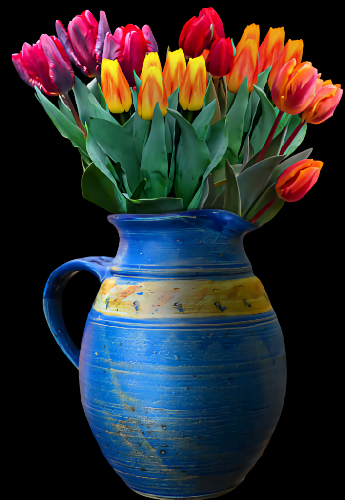 Vibrant Tulips in Textured Vase: Cheerful Floral Wallpaper