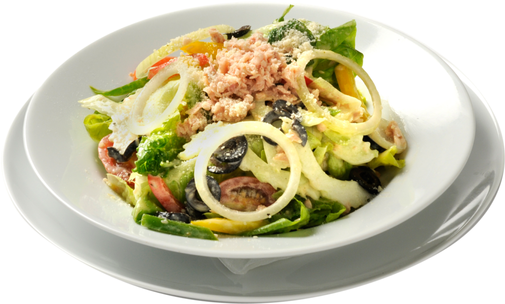 Colorful Tuna Salad with Veggies & Olives on White Plate Wallpaper