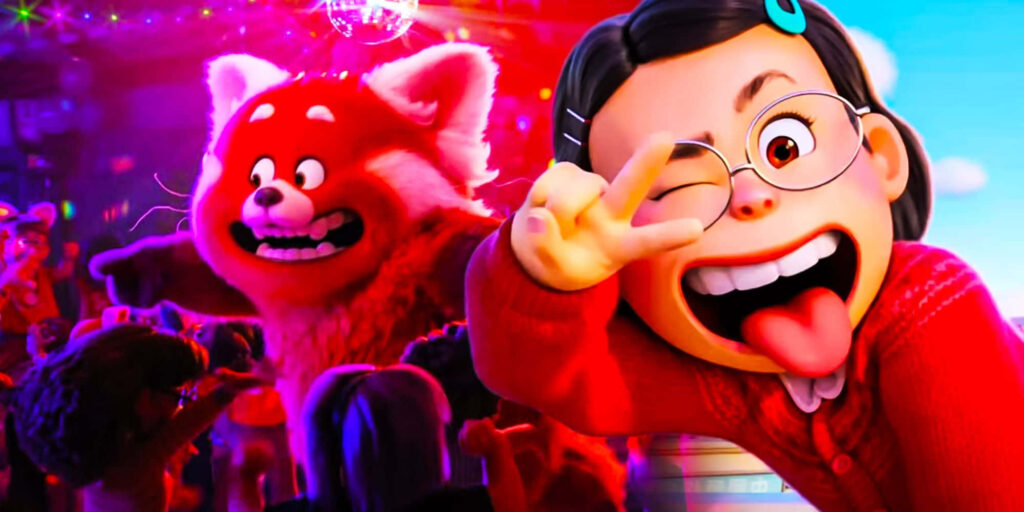 Vibrant Turning Red Wallpaper: Mei's Joyful Panda Party Background