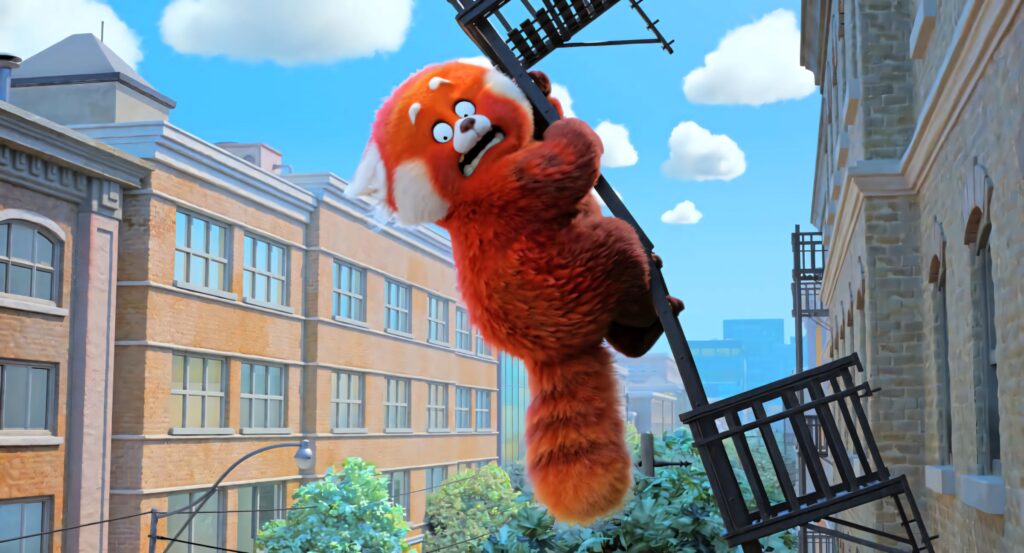Vibrant *Turning Red* Wallpaper: Panda on Fire Escape in Cityscape