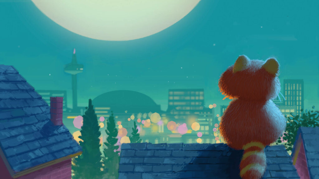 Red Panda Wallpaper: Serene Rooftop View of Moonlit Cityscape