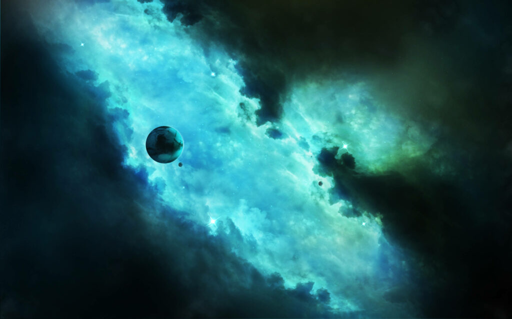 Vibrant turquoise nebula with blue hues and distant stars, ideal cosmic phone wallpaper.