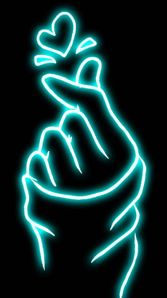 Vibrant Turquoise Neon Finger Heart Wallpaper on Black Background
