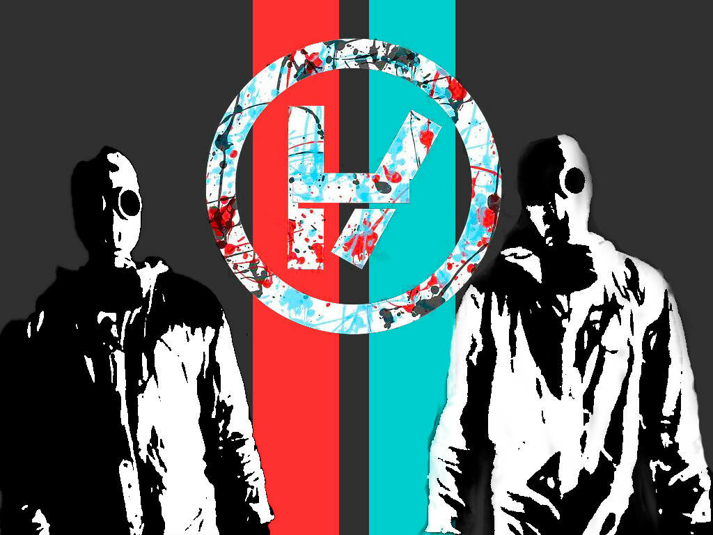 Dynamic Twenty One Pilots Wallpaper: Logo & Bold Red-Turquoise Stripes
