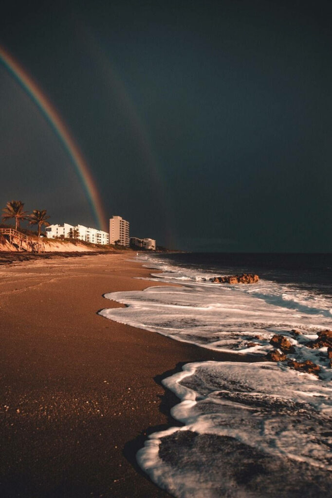 Twilight Beach Scene: Double Rainbow Over Waves & Palm Trees Wallpaper