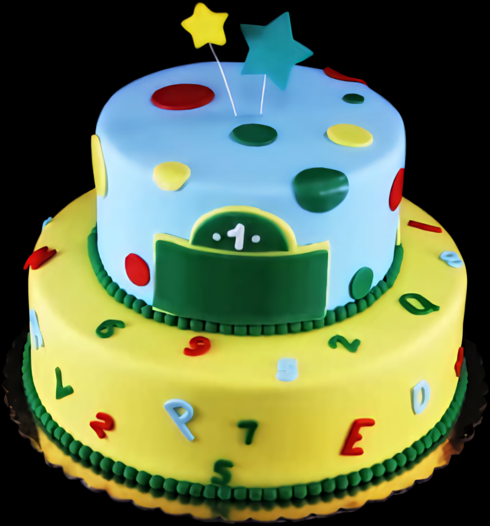 Vibrant Two-Tier Birthday Cake Wallpaper with Geometric Designs