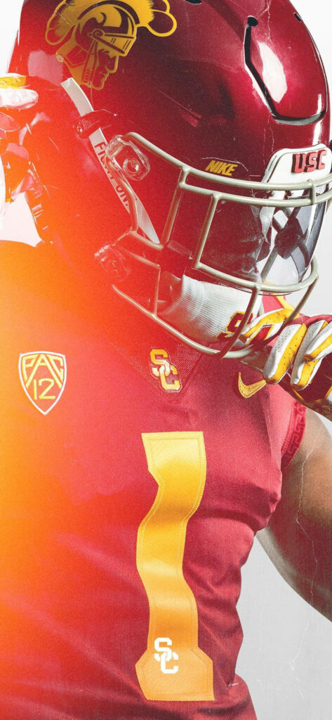 USC Football Player Wallpaper: Bright Action & Iconic Trojan Logo