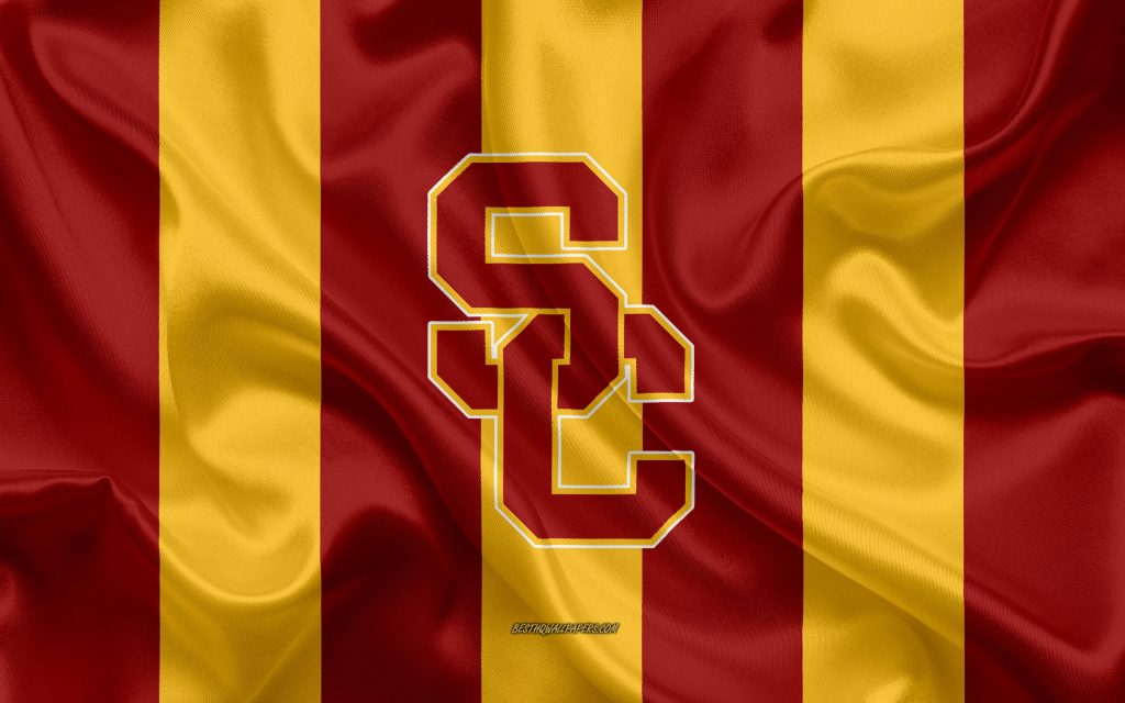 Vibrant USC Trojans wallpaper with glossy cardinal gold flag and University of Southern California logo