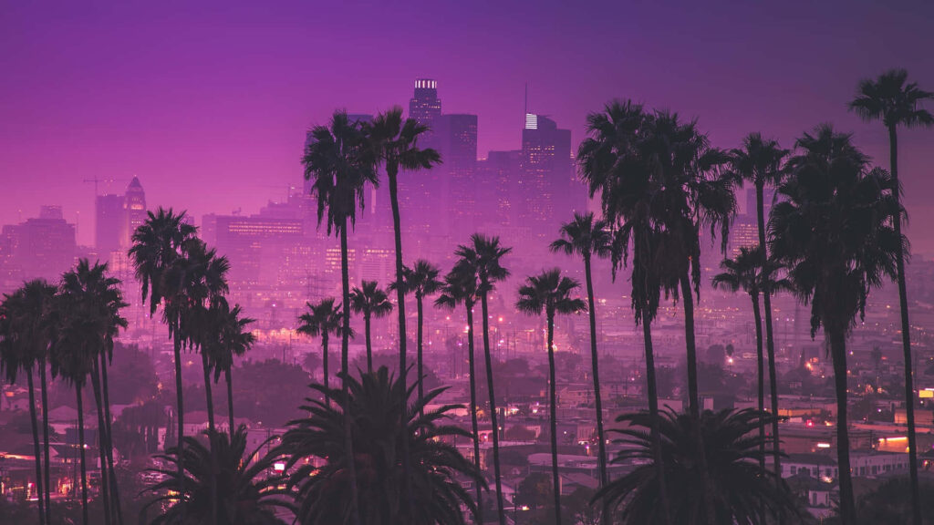 Vibrant Ultraviolet Cityscape Night Wallpaper with Palm Trees