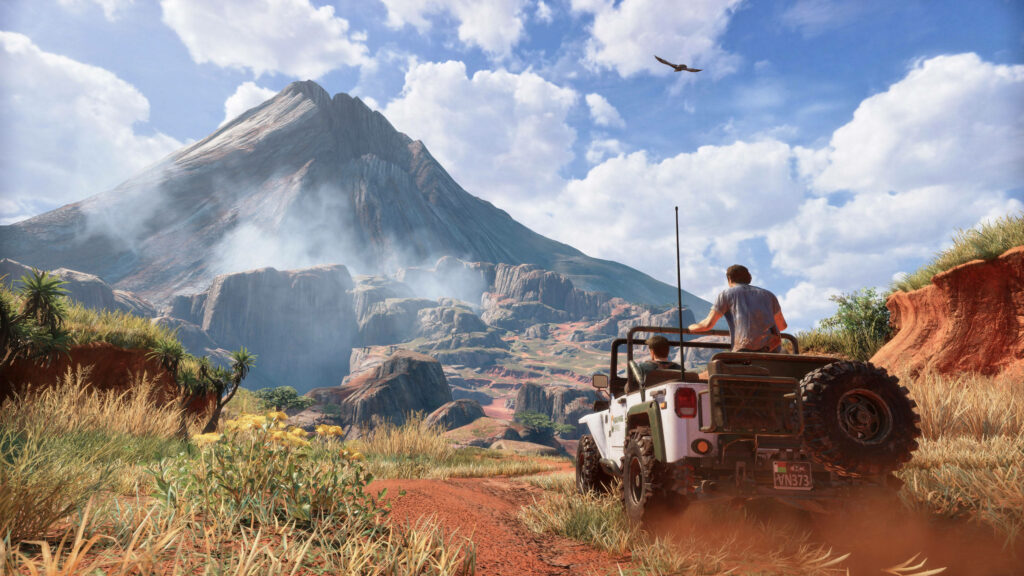 Vibrant Uncharted Wallpaper: Volcano, Jeep, and Lush Landscape