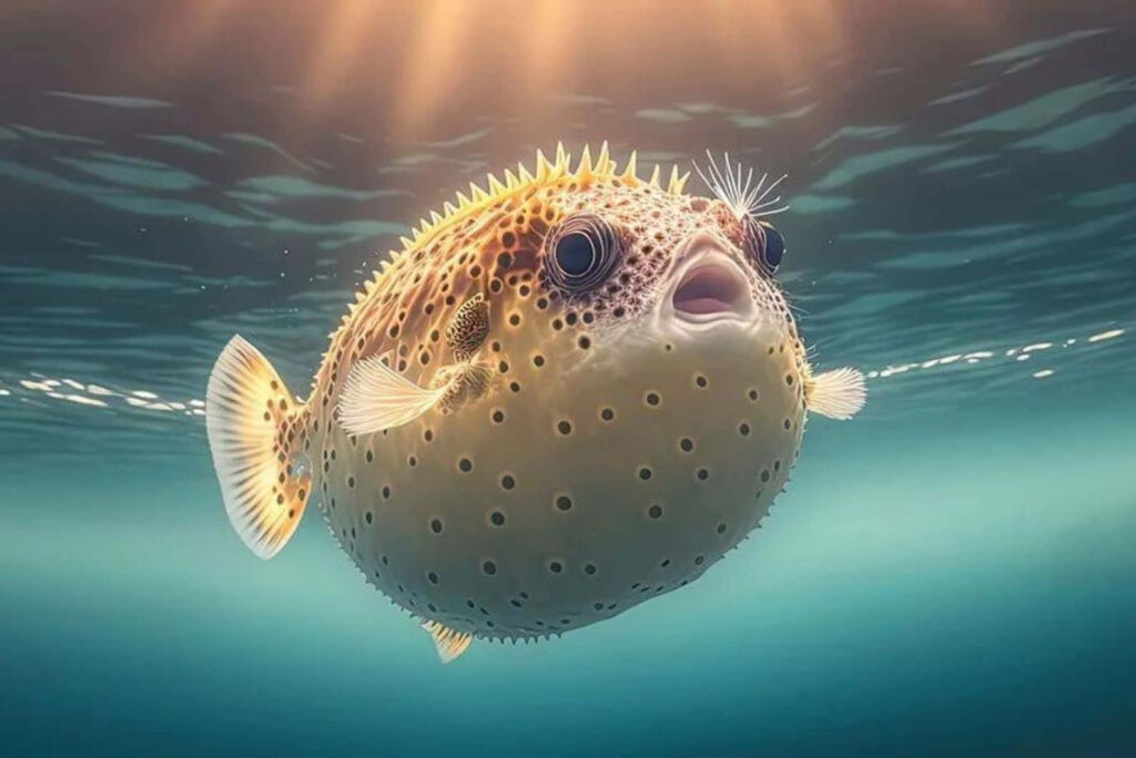 Vibrant underwater wallpaper with inflated blowfish showing spotted pattern and spiky texture