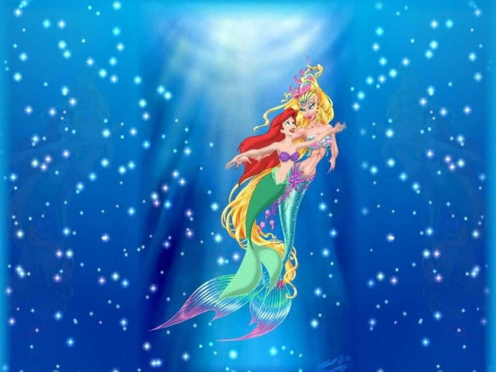 Vibrant Underwater Scene: Ariel Embraces Her Mother - Magical Wallpaper