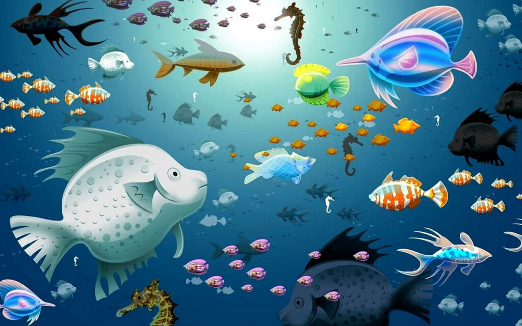 Vibrant Underwater Art Wallpaper: Colorful Marine Life Scene