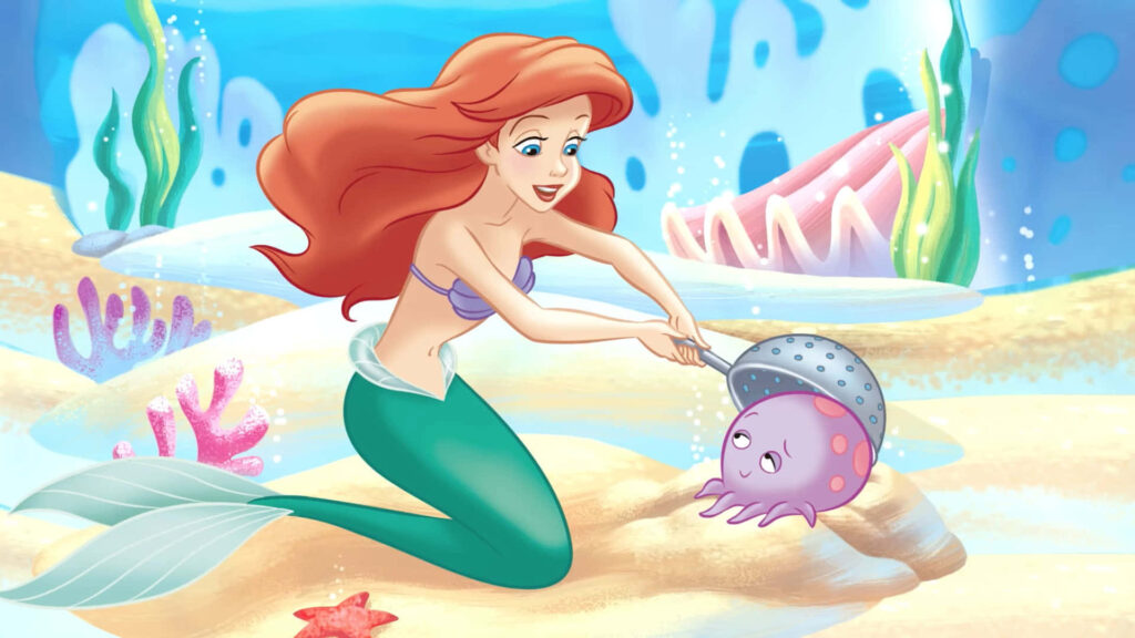 Adventurous Ariel and Octopus Play in Vibrant Underwater Wallpaper