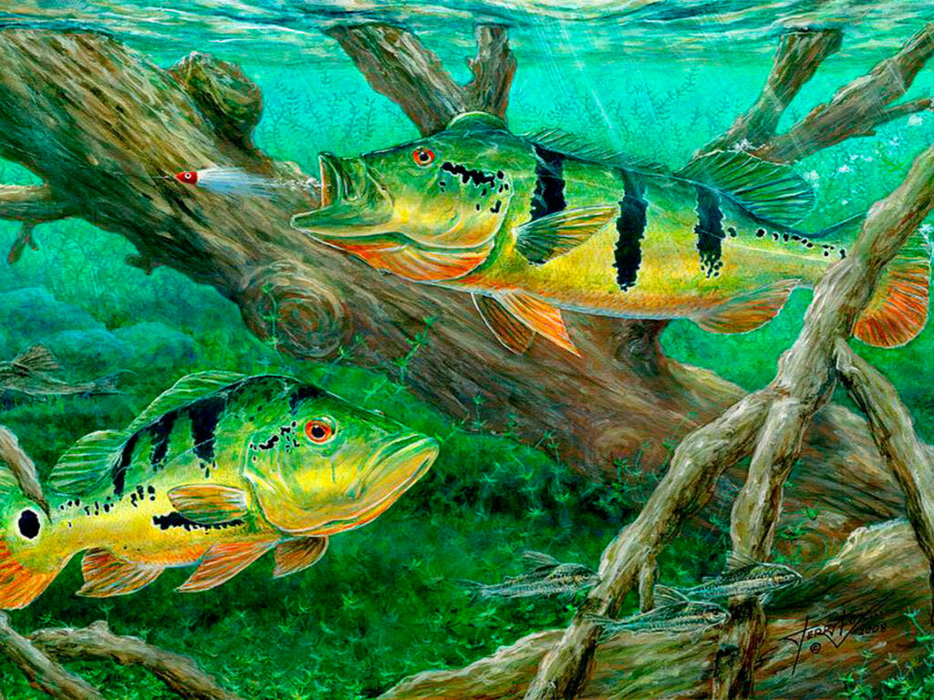 Vibrant Underwater Wallpaper: Green Fishes & Tree Branches Art
