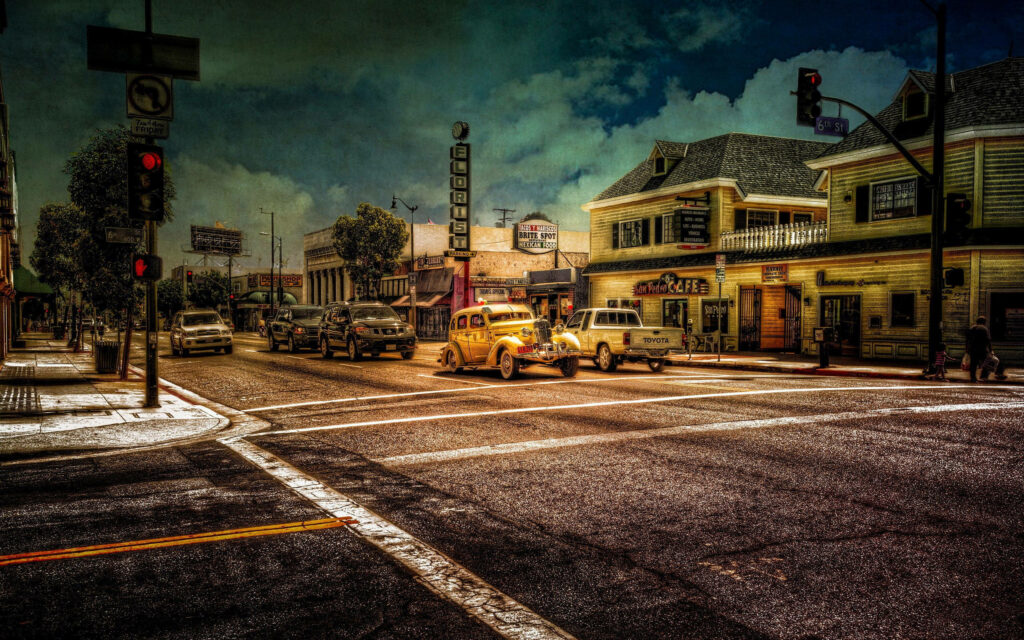Vibrant Urban Intersection Wallpaper: Classic City Scene Background