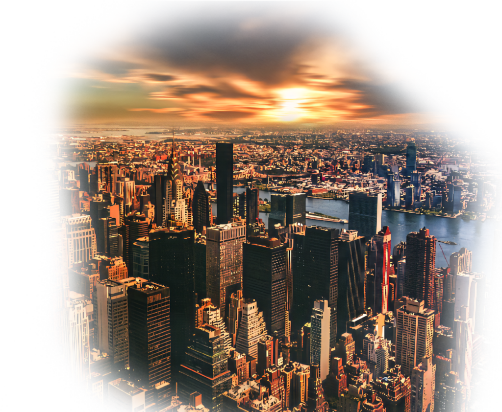 Urban Sunset Skyline Wallpaper: Vibrant Cityscape by the Water
