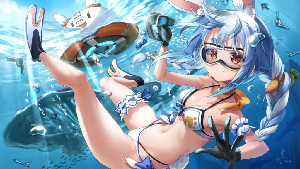 Vibrant Usada Pekora Underwater Wallpaper: Cheerful Anime Girl