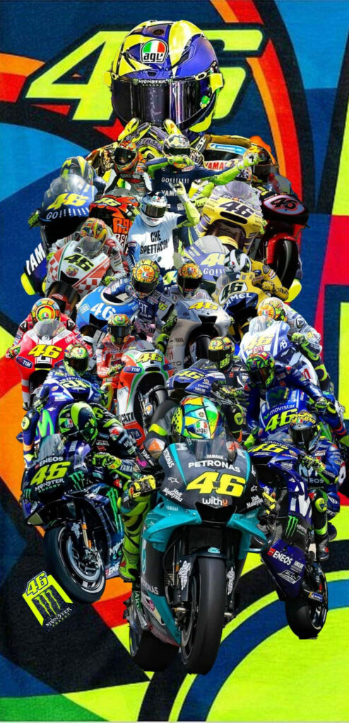 Colorful VR46 Wallpaper: Dynamic Motorcycle & Racer Gear Collage