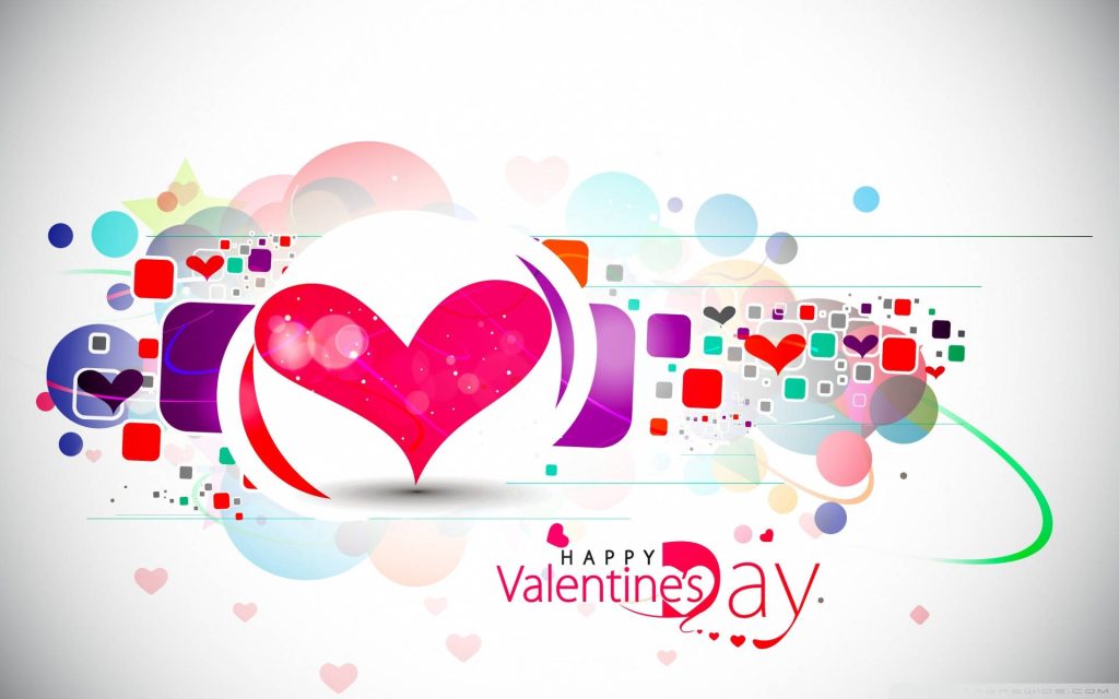 Vibrant Valentines Day wallpaper with stylized magenta heart and colorful floating geometric shapes
