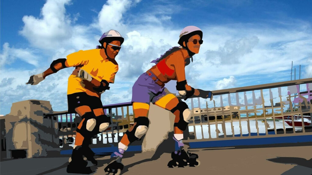 Vibrant Vector Art Wallpaper: Friends Rollerblading by Waterfront