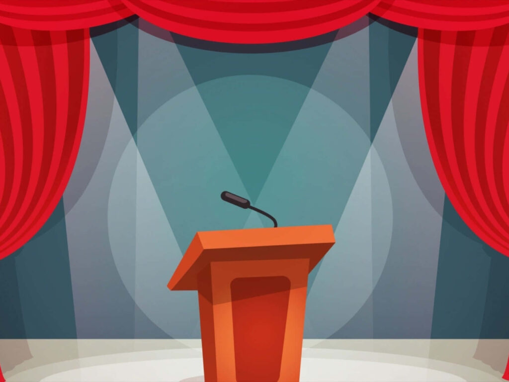Vibrant Red Tribune Wallpaper: Elegant Stage Design for Events