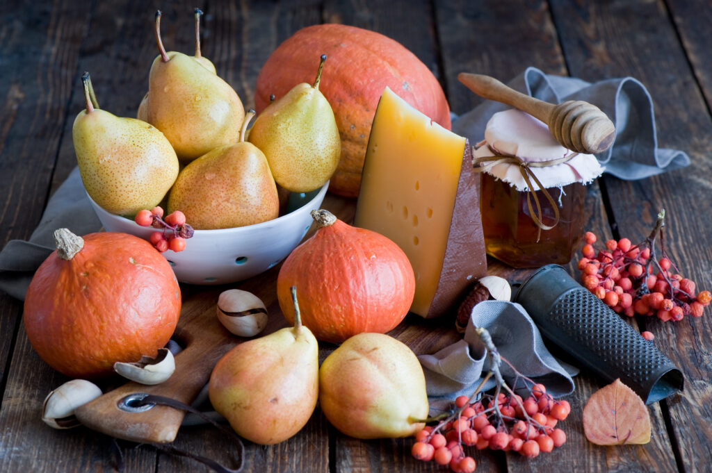 Vibrant Still Life Wallpaper: Fruits, Veggies & Rustic Decor
